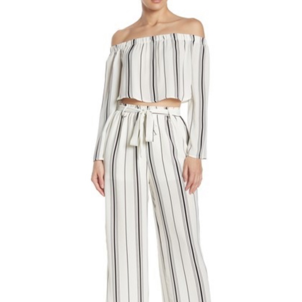 Stripe two piece off-the-shoulder blouse & pants.
